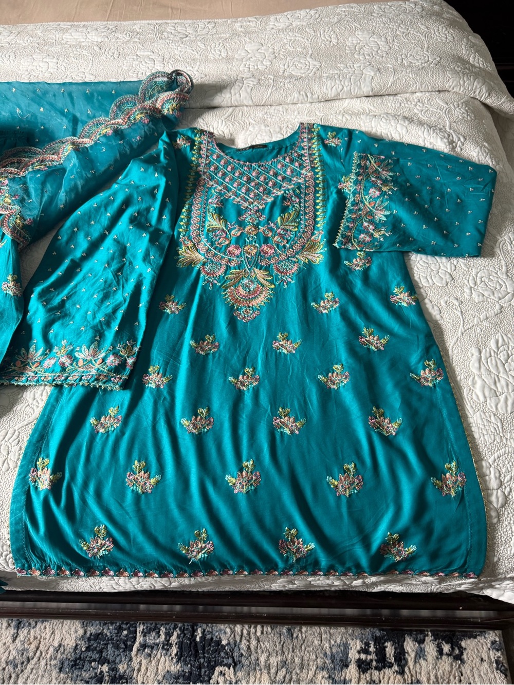 Embroidered Teal Women’s Dress with Scallop Dupatta